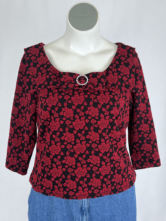 Unique Vintage Size 1X (16) Red & Black Bold Floral Shirt