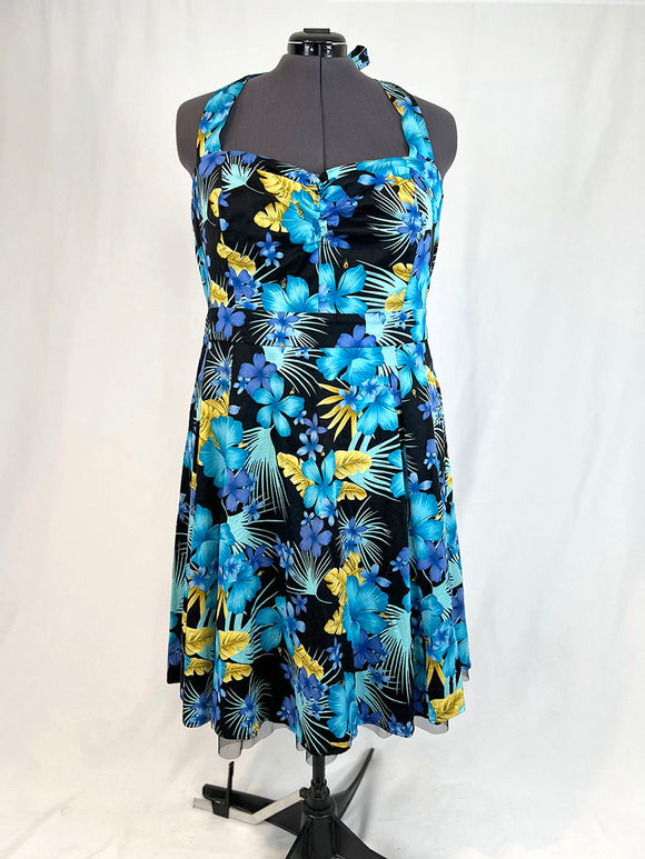 Retro Chic by Torrid Size 24W Black & Teal Tropical Floral Halter Dress