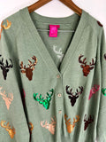 Queen of Sparkles Size XXL Green Multi-Color Reindeer Cardigan Sweater NWT