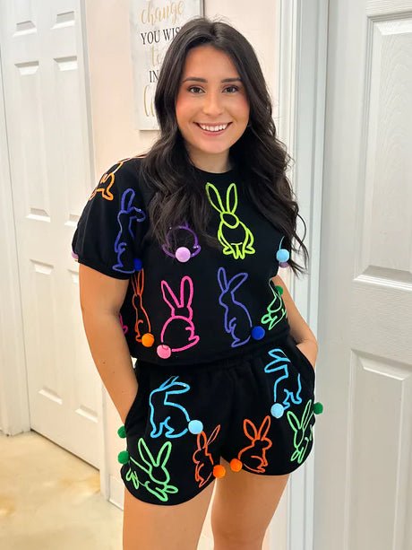 Queen of Sparkles Size XXL Black Multi-Color Easter Bunnies Shorts Set