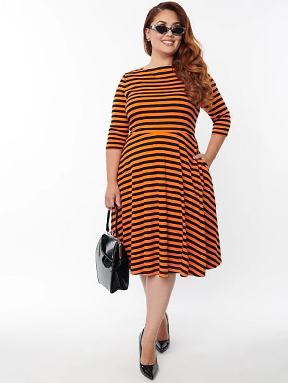 Unique Vintage Size 22 Orange & Black Stripe Dress