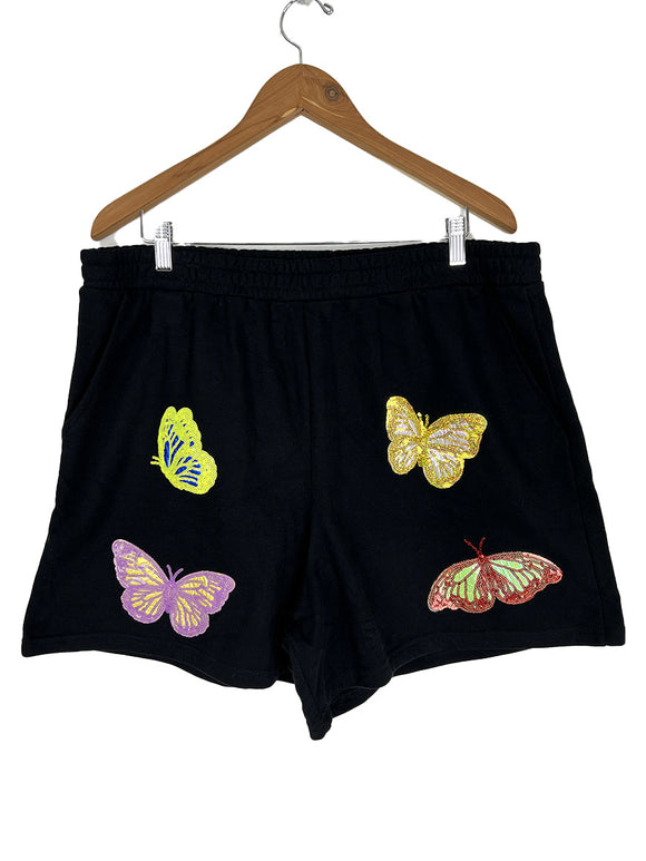 Queen of Sparkles Size XXL Black Multi-Color Sequin Butterflies Shorts