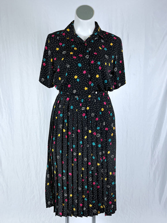 Vintage Alfred Dunner Size 16 Black Multi Dots Skirt Set