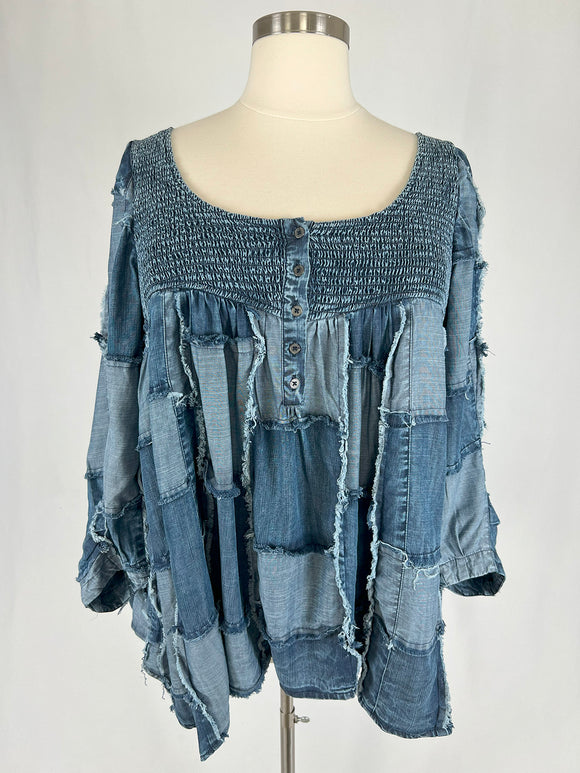 A Rare Bird Size 18W Blues Patchwork Babydoll Shirt NWOT