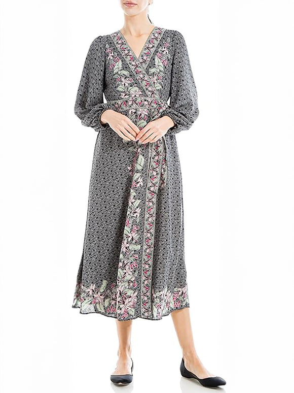 Max Studio Size XL Black & White Multi Floral Wrap Dress NWT