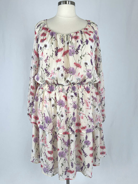 Pleione Size 3XL (24) Cream & Pink Floral Flounce Dress