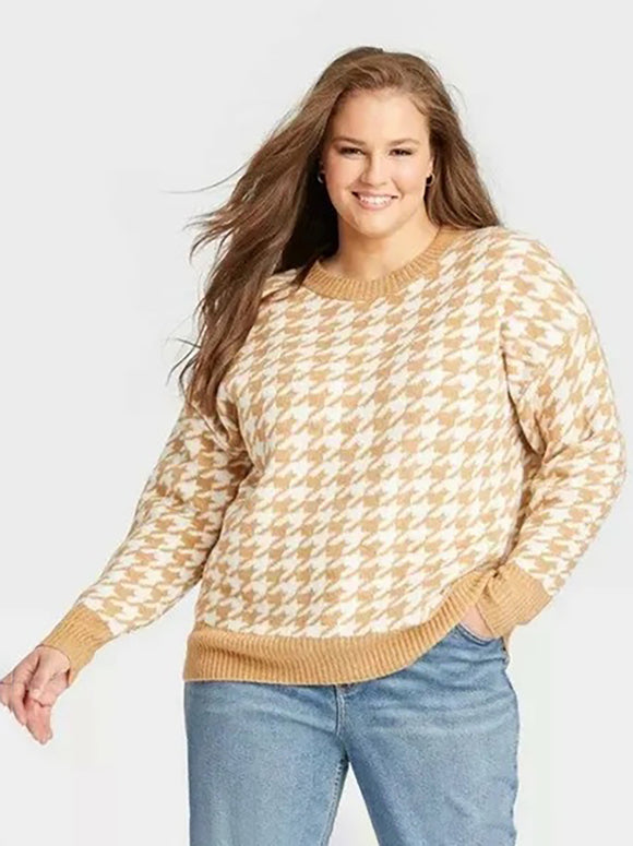 Ava & Viv Size 3X (24W) Tan & Cream Houndstooth Sweater