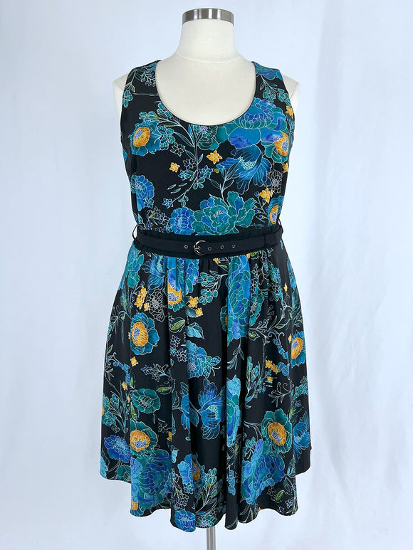 City Chic Size L (22/24) Black & Teal Bold Floral Dress