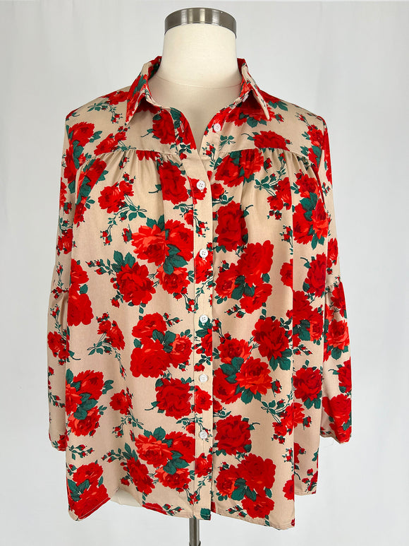 First Love Size 24 (3X) Beige & Red Floral Shirt NWOT