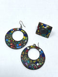 Brass & Multi-Color Stone Mosiac Ring & Earring Jewelry Set