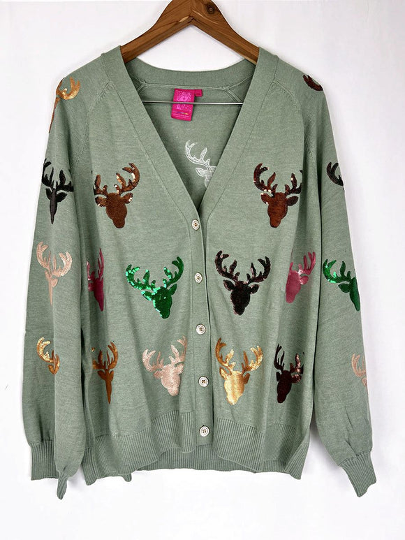 Queen of Sparkles Size XXL Green Multi-Color Reindeer Cardigan Sweater NWT