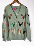 Queen of Sparkles Size XXL Green Multi-Color Reindeer Cardigan Sweater NWT