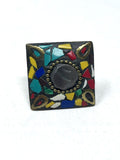 Brass & Multi-Color Stone Mosiac Ring & Earring Jewelry Set