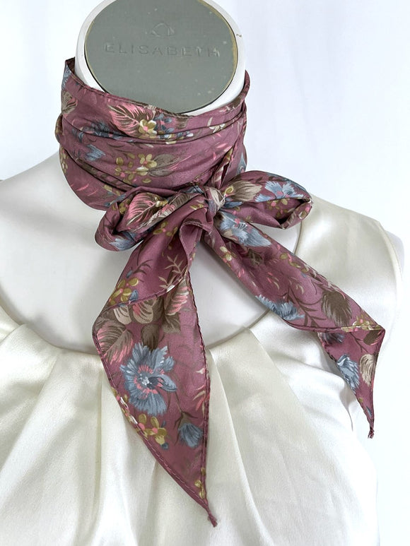 Vintage Dusty Rose & Blue Poly Blend Floral Scarf