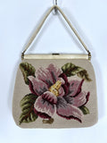 Vintage Cream & Pink Leather Floral Cross Stitch Handbag