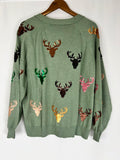 Queen of Sparkles Size XXL Green Multi-Color Reindeer Cardigan Sweater NWT