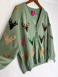 Queen of Sparkles Size XXL Green Multi-Color Reindeer Cardigan Sweater NWT