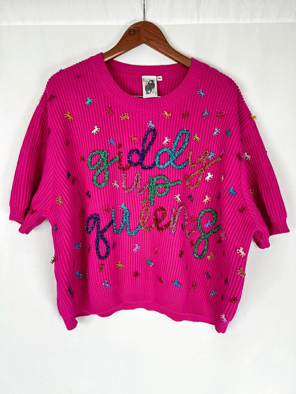 Queen of Sparkles Size 2X Pink Multi Western Sweater