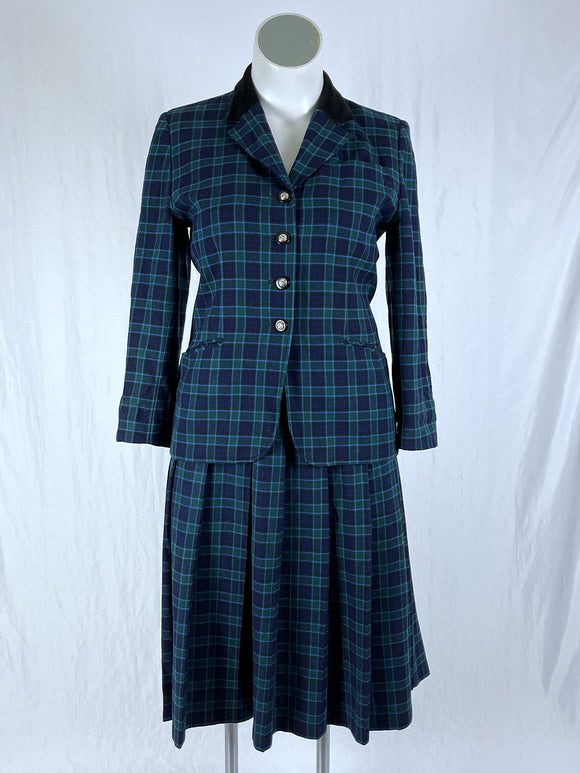 Vintage Pendleton Size 12P Navy & Green Plaid Skirt Suit