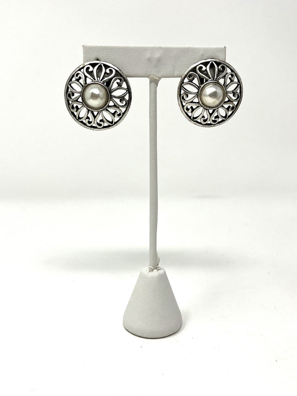 Vintage Anne Klein Silver & Pearl Metal Clip-On Earrings