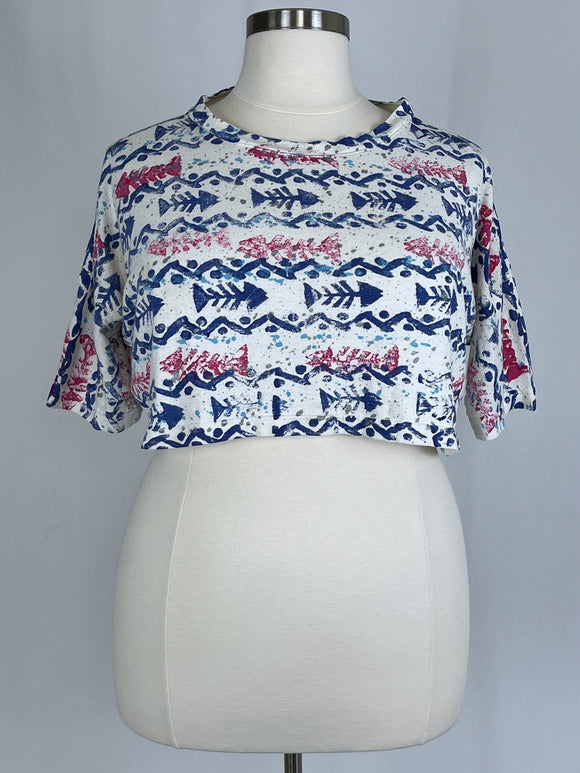 Vintage R&R Sportswear Size Open White Multi Fish Crop Shirt