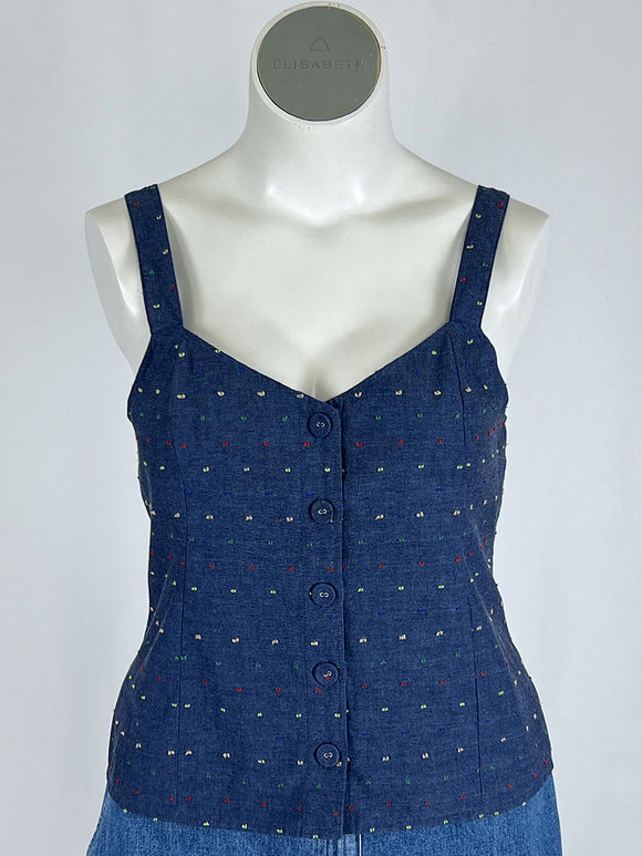 ModCloth Size L (14) Blue Multi-Color Polka Dot Retro Top