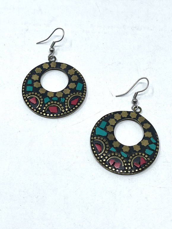 Brass & Multi-Color Stone Mosiac Earrings