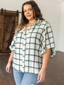 Andree by Unit Size 3X (24) Cream & Green Plaid Shirt