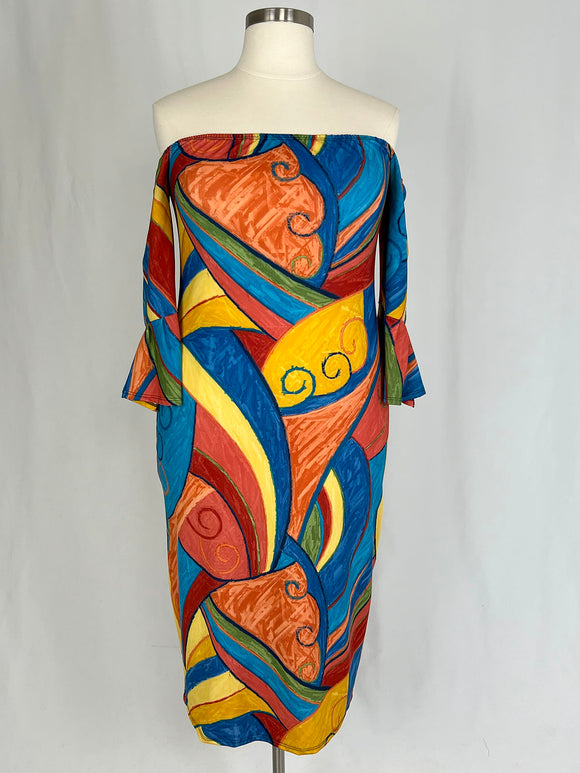 Rue107 Size 3X Blue & Brown Abstract Artwear Dress