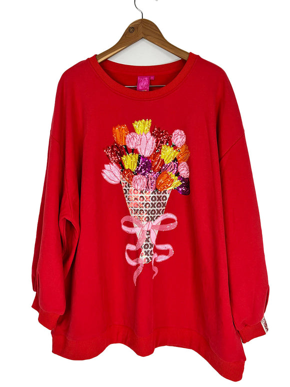Queen of Sparkles Size XXL Red Floral Bouquet Sweatshirt