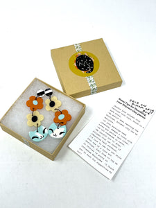 Bunny Dee Orange & Aqua Cat Flower Artist Earrings IN BOX