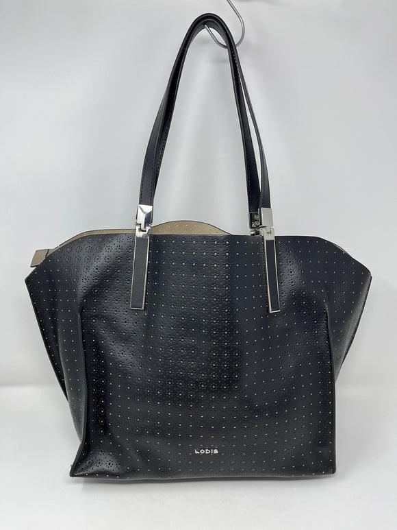 Lodis Black Leather Perforated Modern Tote