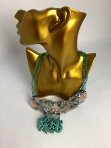 Green & Pink Jade Dragon Beaded Multi-Strand Necklace