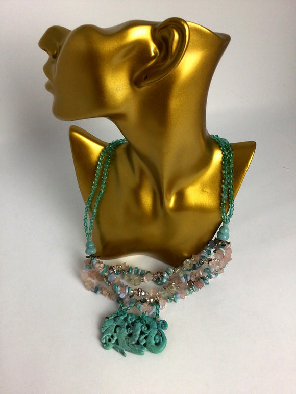 Green & Pink Jade Dragon Beaded Multi-Strand Necklace