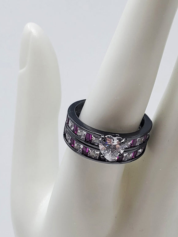 Vintage Pewter & Pink Size 9.5 Rhinestone Engagement Ring Jewelry Set