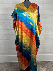 Winlar Size Open Blue Multi-Color Beach Scene Caftan NWT