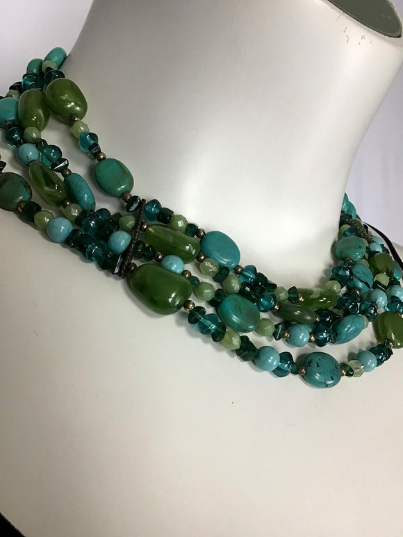 Vintage Green & Blue Beaded Collar Necklace