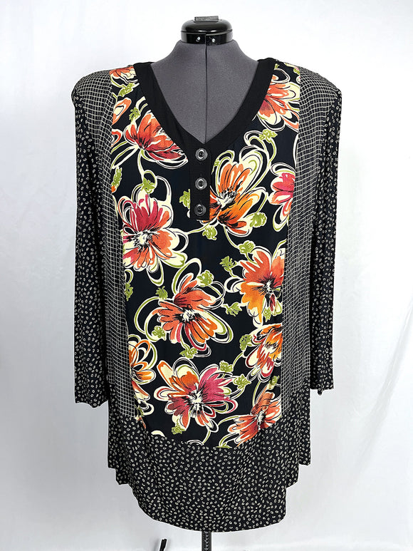 Vintage Carole Little Size 20W Black Floral & Swirls Blouse NWT