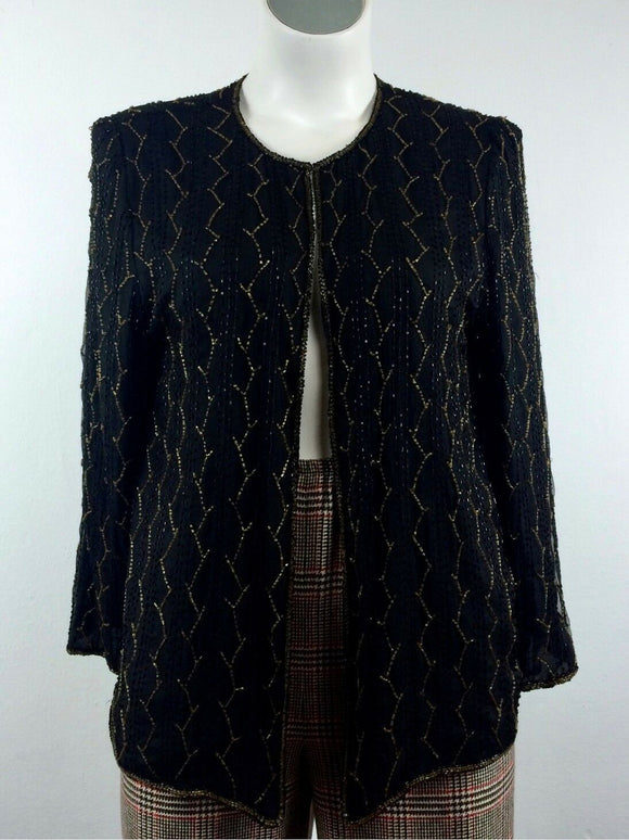 Vintage J.M.C. Size 16 Black Semi-Sheer Silk Beaded Blazer Jacket