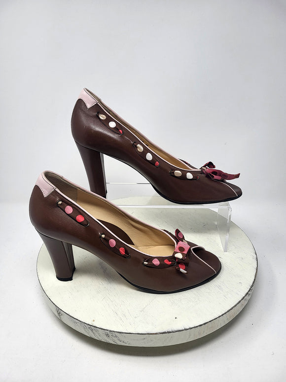 Taryn Rose Size 9/9.5 (39.5)  Brown & Pink Polka Dot Heels