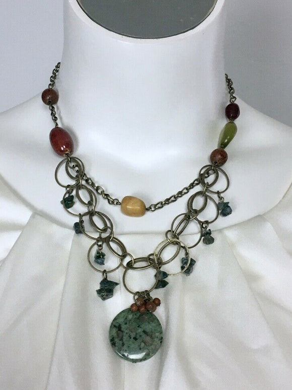 Chico's Bronze & Green Stone Bead Chain-Link Boho Necklace