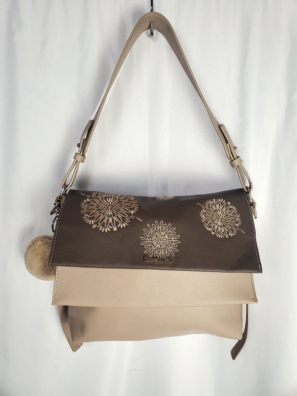 desigual Beige & Taupe Faux Leather Floral Shoulder Handbag