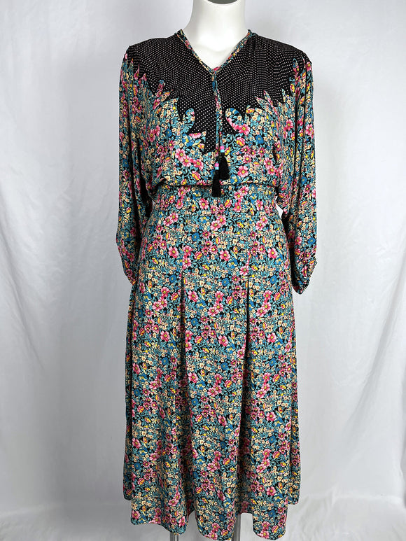 Vintage Diane Freis Size 1X (16/18) Pink & Aqua Floral & Dots Dress