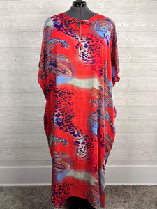 Phases Size Open Coral & Purple Abstract Paisley Caftan NWT